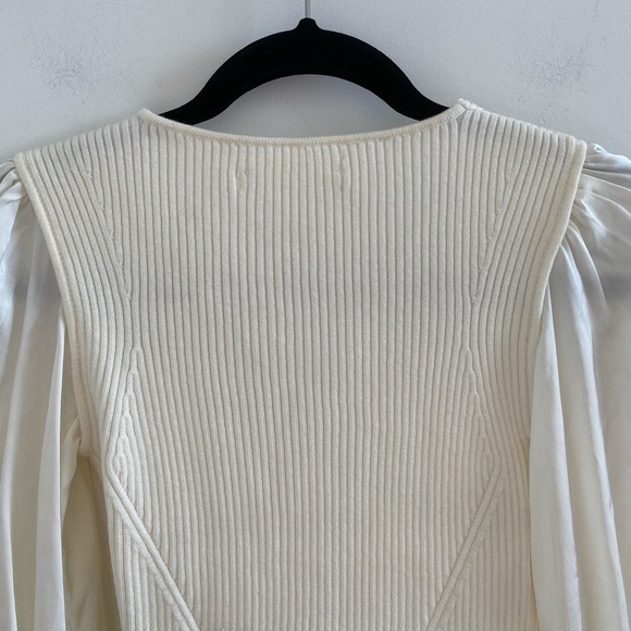 Anthropologie Ivory Twofer Faux Wrap Sweater With Satin Balloon Sleeves Size XXS - Picture 10 of 10